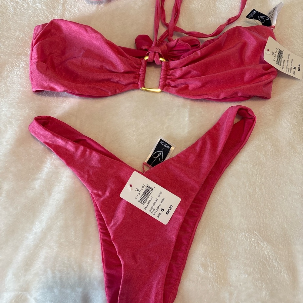 Bikini Set Pink Small NWT Ruched Bandeau High Cut Bottom Gold Ring